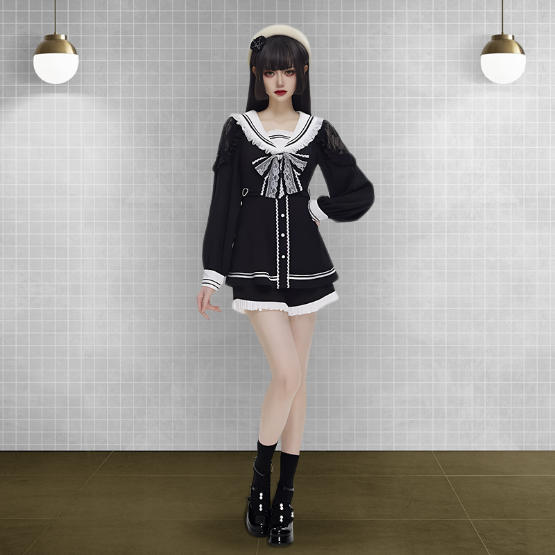 black dress, bow dress, long sleeve dress, gothic dress, japanese dress, dress with shorts